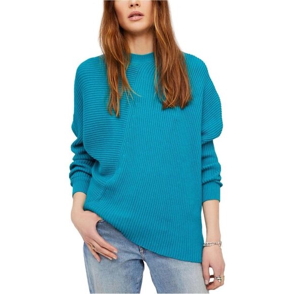 New Free People Downtown Teal Blue Asymmetrical Ribbed Boho Sweater - Picture 4 of 10